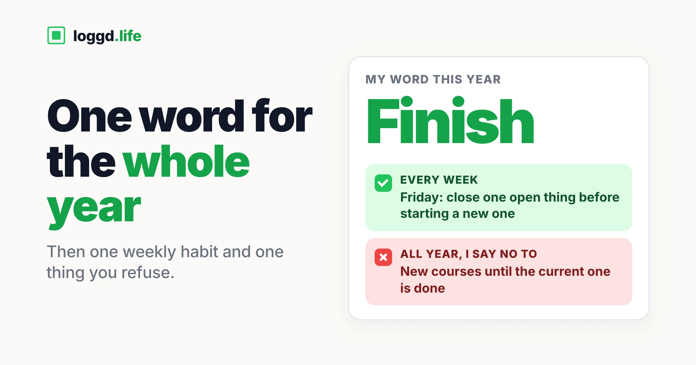 The word of the year "Finish" with one weekly commitment, close one open thing every Friday, and one refusal, no new courses until the current one is done