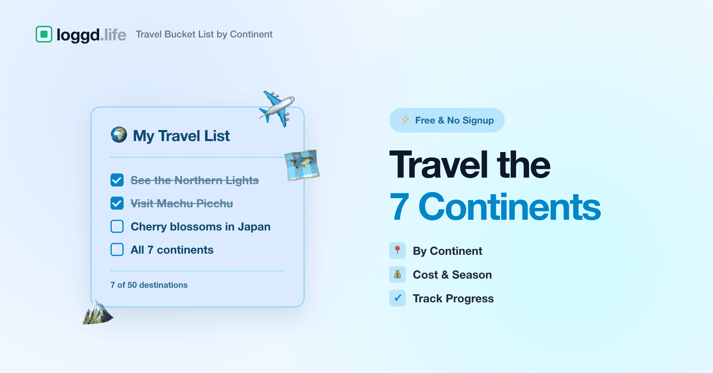 A travel bucket list with checked destinations and continent icons, illustrating a seven-continent travel checklist